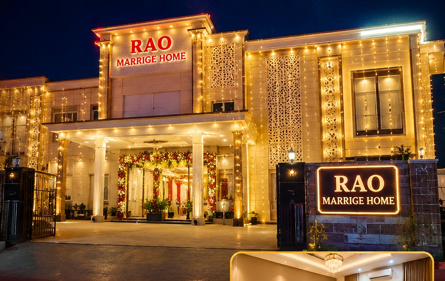Rao Marriage Home building lit up at night in Kasba Dehra, Alwar